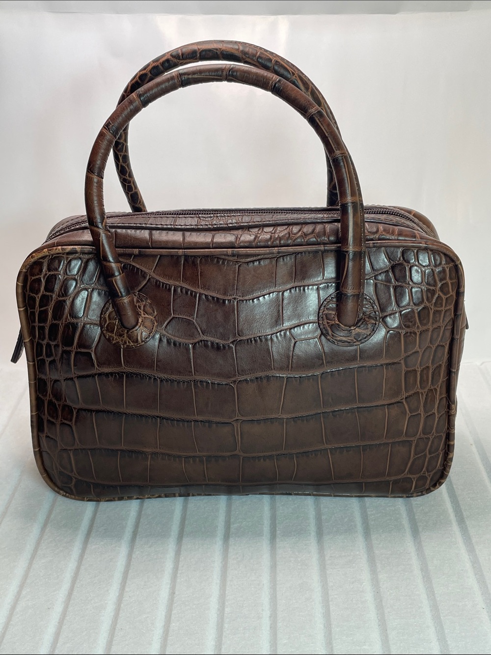 Rare Danier Classic Croc-Embossed Leather Briefcase Bag in Dark Brown